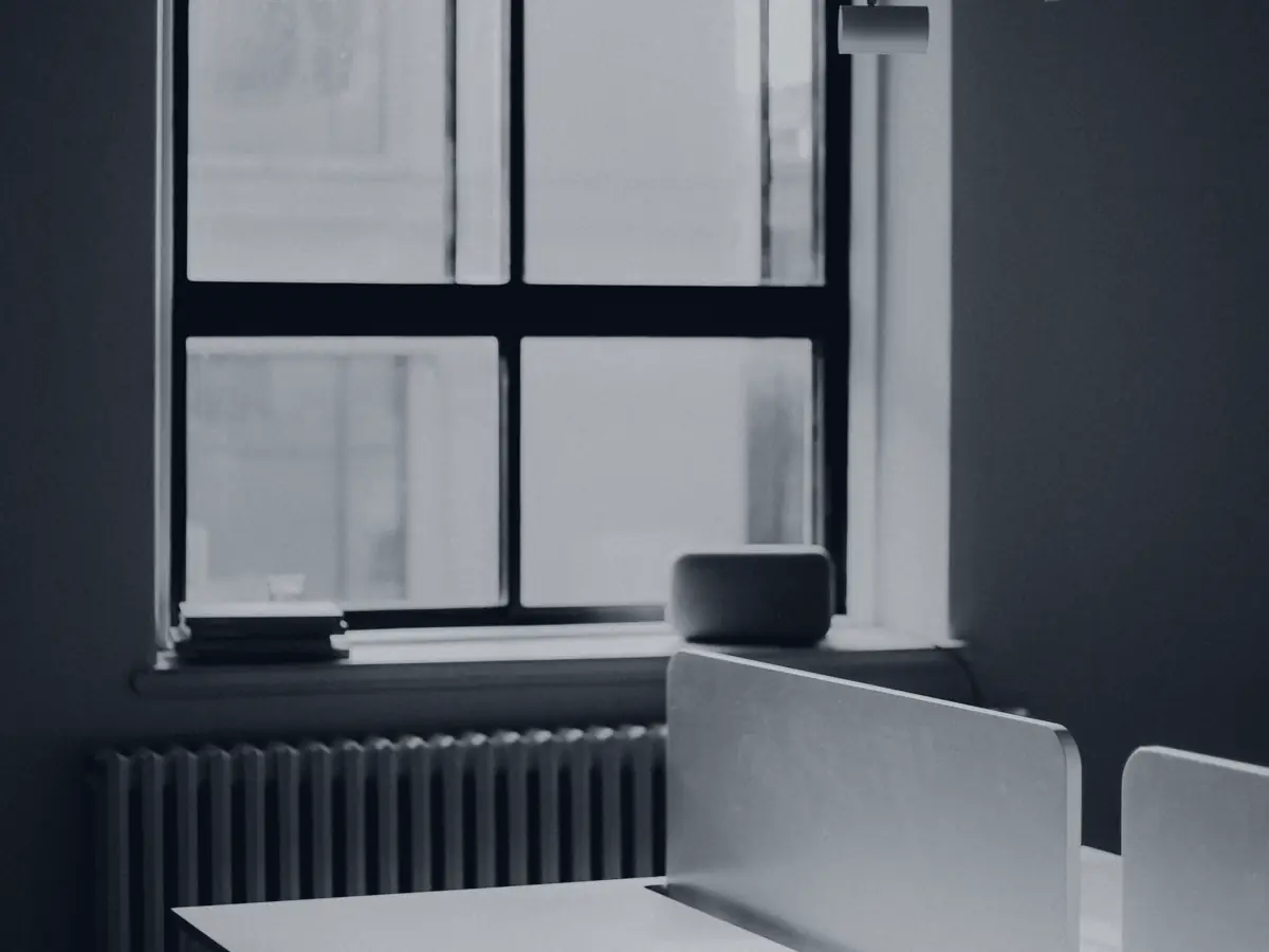 Empty office desk beside a tall window in soft daylight